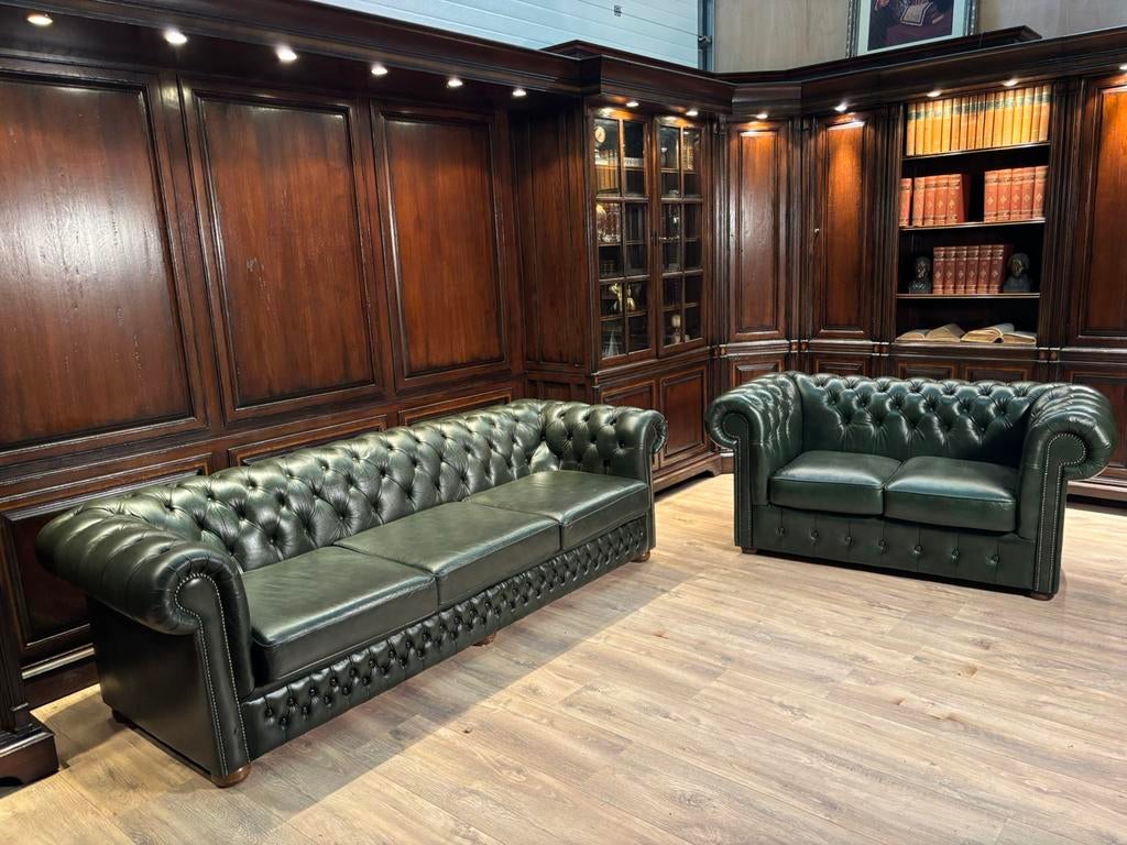 Orginele chesterfield antiek groen leren 3 zits, Ophalen, Info@chesterfieldjunkie.nl, Chesterfiels, Gosem engelstraat