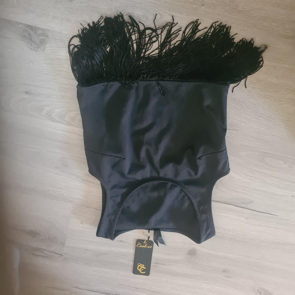 Zwarte top met franjes - Coolcat, Maat 38/40 (M), Zwart, Ophalen of Verzenden, Zo goed als nieuw