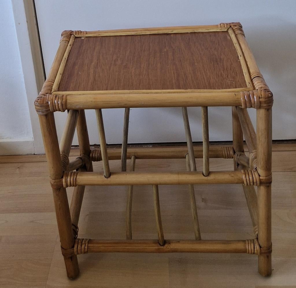 Vintage, bamboe bijzettafel, BOHO, IBIZA, Ophalen of Verzenden, Gebruikt