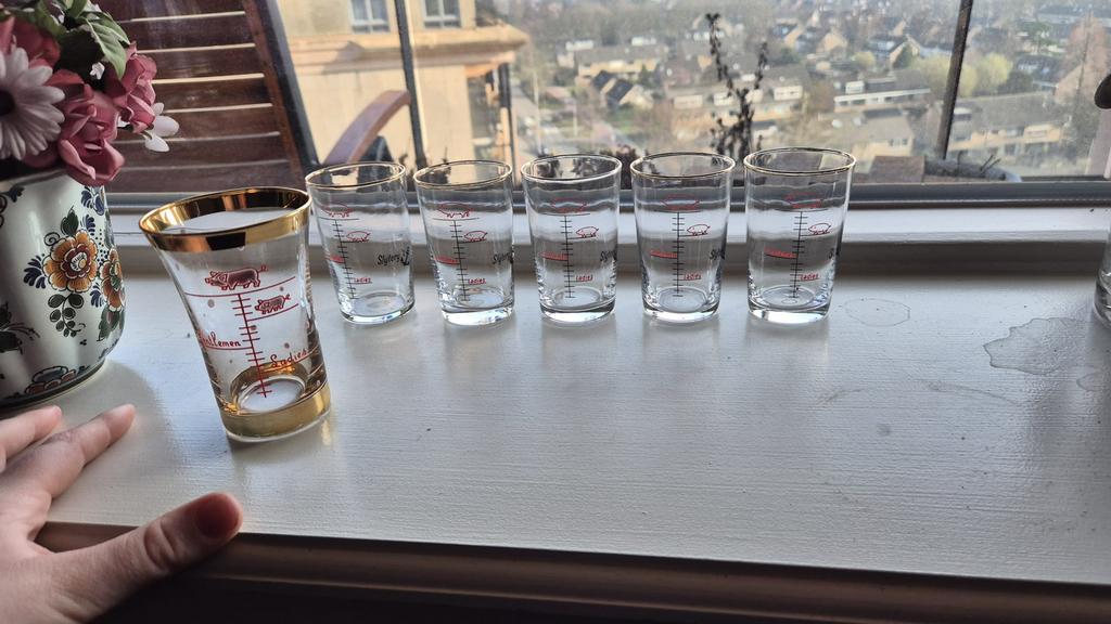 Vintage Slijterij Borrelglaasjes met Varkensmotief, Antiek en Kunst, Antiek | Glas en Kristal, Ophalen