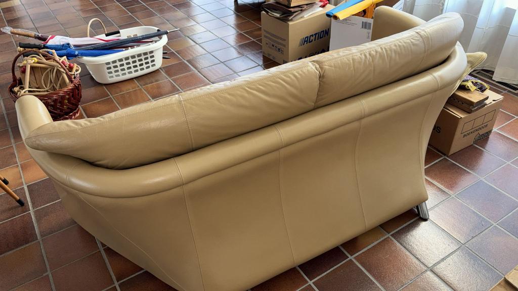 Leolux Excalibur Zachtgeel Lederen Bank, Ophalen, Gebruikt, Driepersoons, 200 tot 250 cm