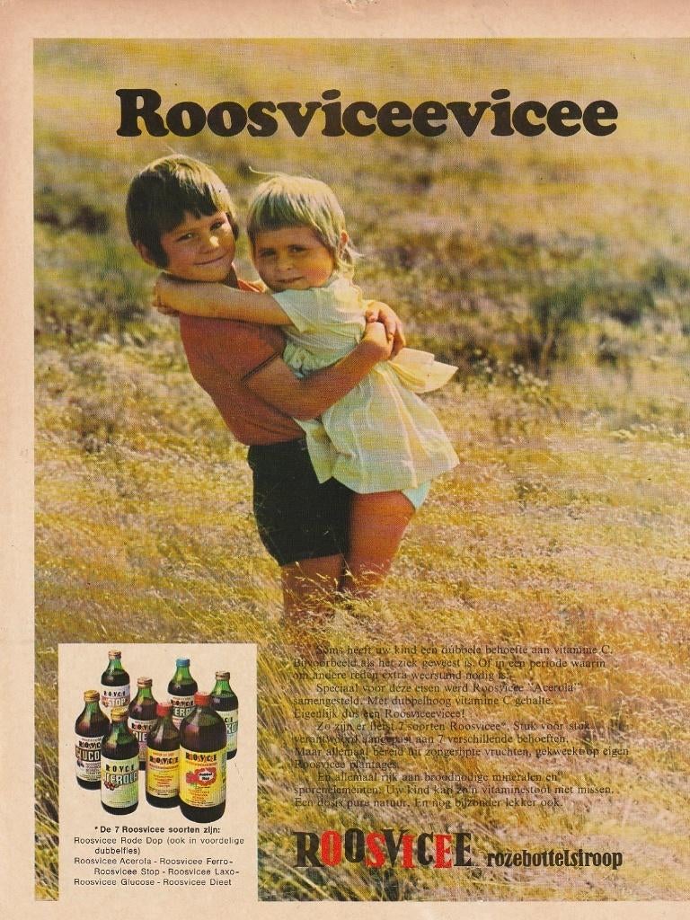 Retro reclame 1973 Roosvicee siroop jongetje tilt zusje, Verzamelen, Retro, Verzenden, Overige typen