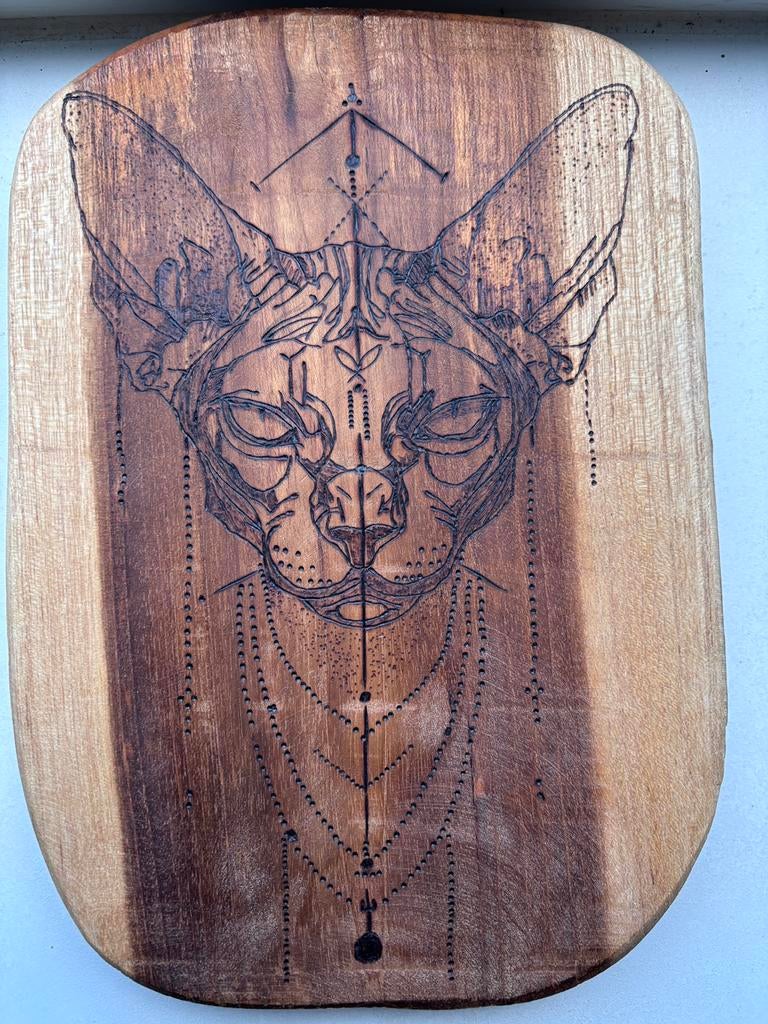 Sphynx pyrografie kunst op teak handgemaakt, Ophalen of Verzenden