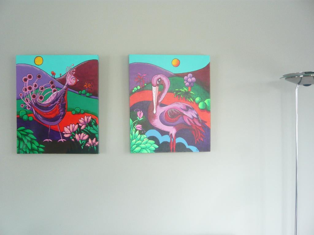 schilderijen abstract Pauw en ooievaar, Ophalen of Verzenden