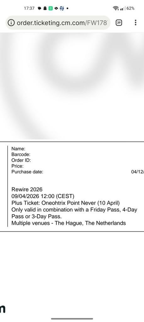 Rewire2026 Oneohtrix Point Never plusticket(10 April), Eén persoon