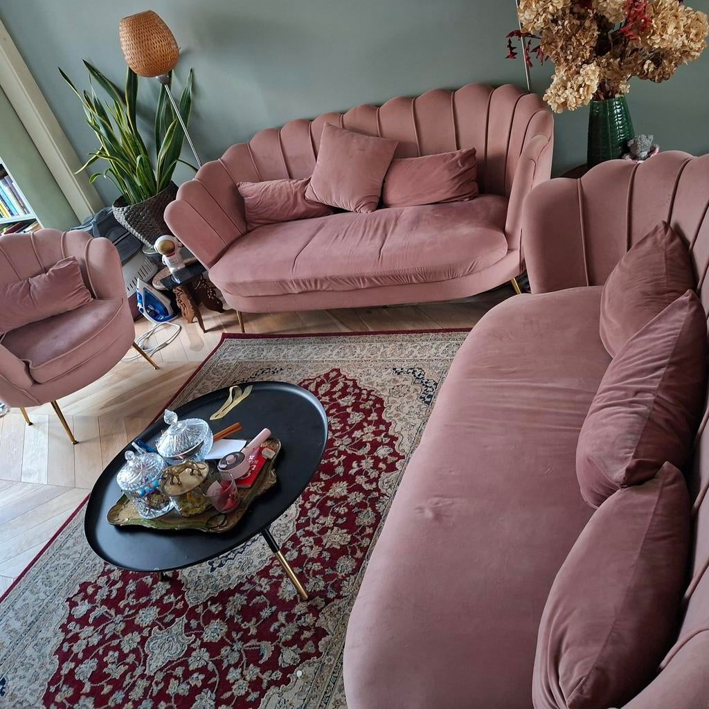 Roze Velours Bankstel Set: 2x 2,5-zitsbanken + Fauteuil, Ophalen, Gebruikt, 150 tot 200 cm, Driepersoons