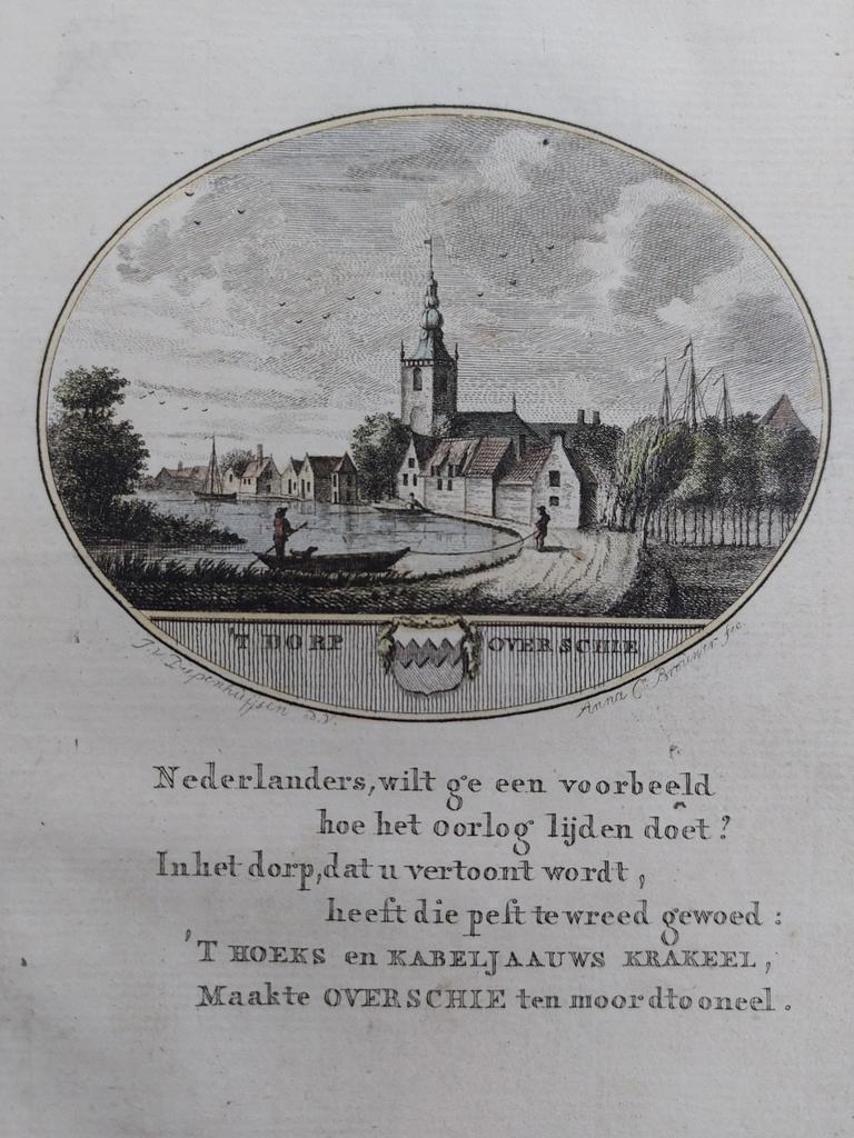 25 / Overschie Rotterdam Gravure 18de eeuw Ollefen en Bakker, Antiek en Kunst, Kunst | Etsen en Gravures, Ophalen of Verzenden