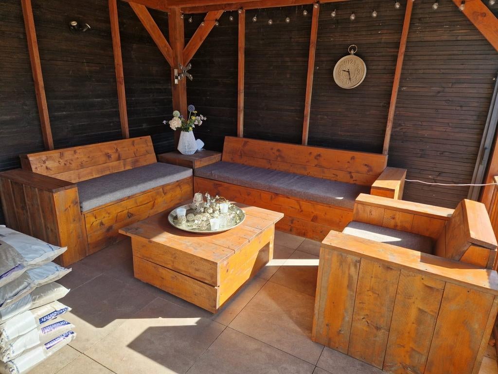 Houten loungeset met kussens, Ophalen, Hout, Stoel