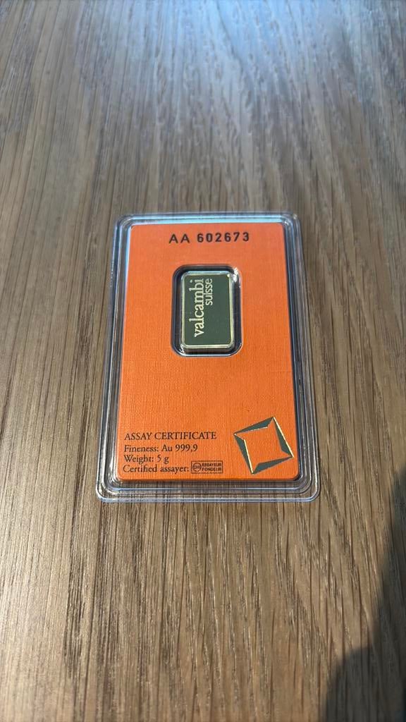 5 gram valcambi goudbaar, Postzegels en Munten, Edelmetalen en Baren, Ophalen of Verzenden, Goud