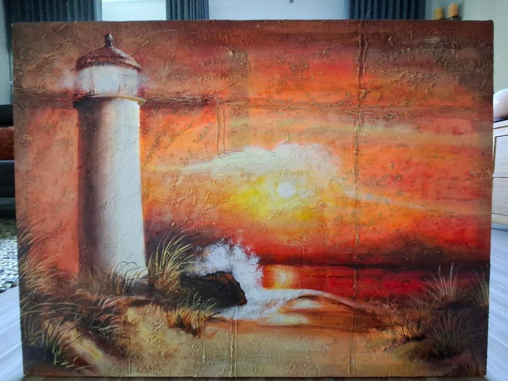 Schilderij vuurtoren in de duinen, Antiek en Kunst, Kunst | Schilderijen | Klassiek, Ophalen