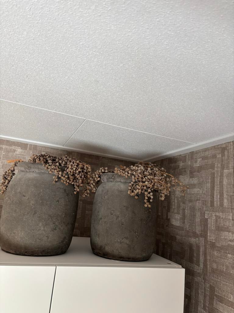 Twee brocante potten met gedroogde dadeltakken, Ophalen, Steen, Gebruikt, Overige kleuren