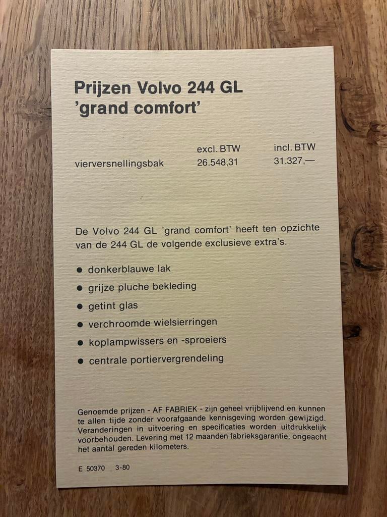Volvo 244 GL ‘grand comfort’ prijslijst 1980, Verzenden, Zo goed als nieuw, Volvo