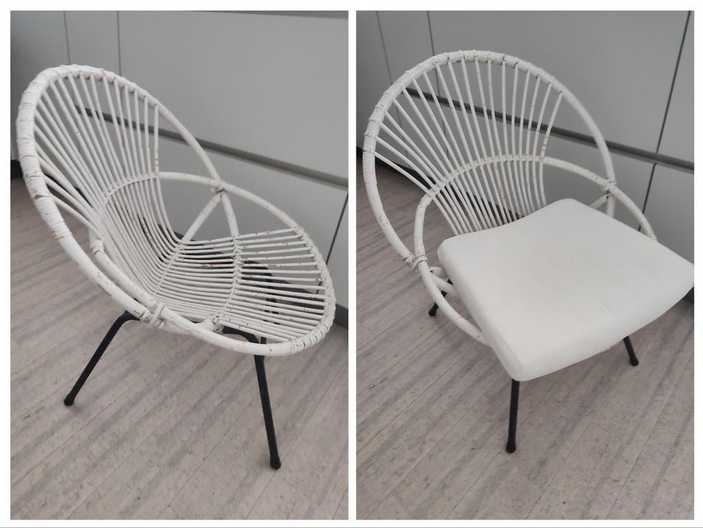 Vintage witte rotan kuipstoel lounge stoel met kussen, Huis en Inrichting, Stoelen, Ophalen