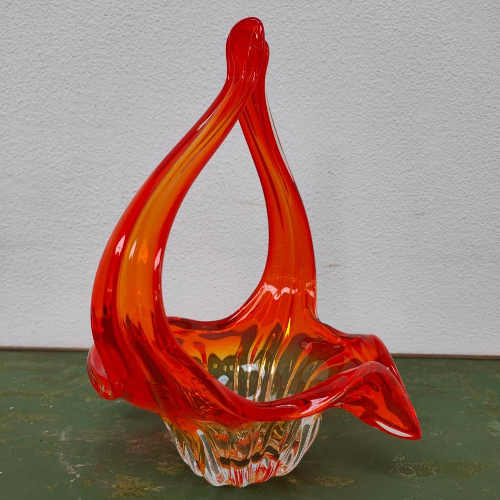 Vintage Oranje glazen mand in Murano stijl. Glas, Ophalen of Verzenden