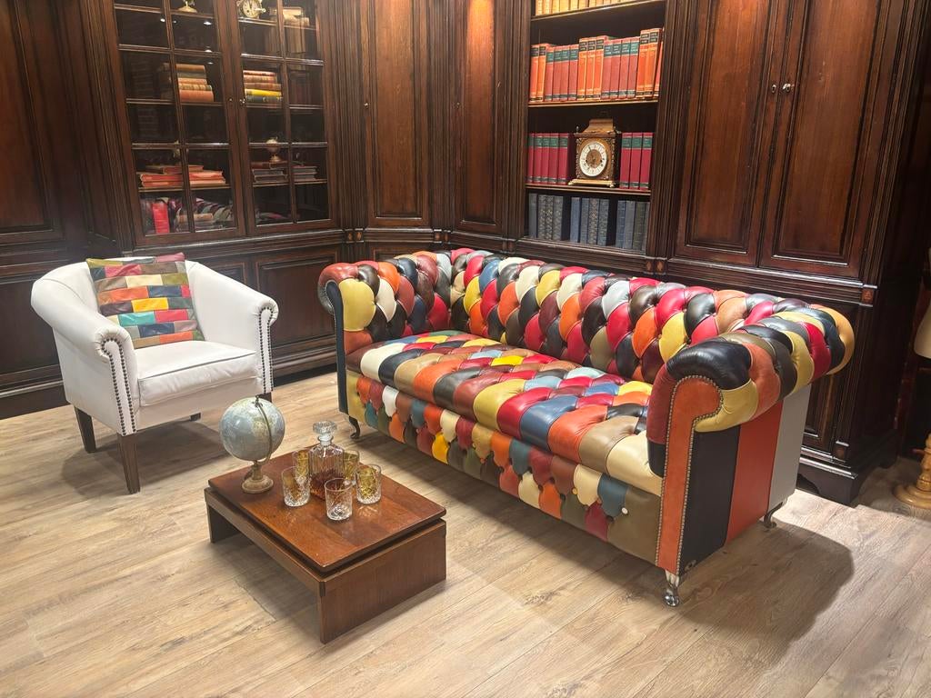 Chesterfield delta  3 zits Multicolor Patchwork Buttonseat, Ophalen, Gebruikt, Info@chesterfieldjunkie.nl, Driepersoons