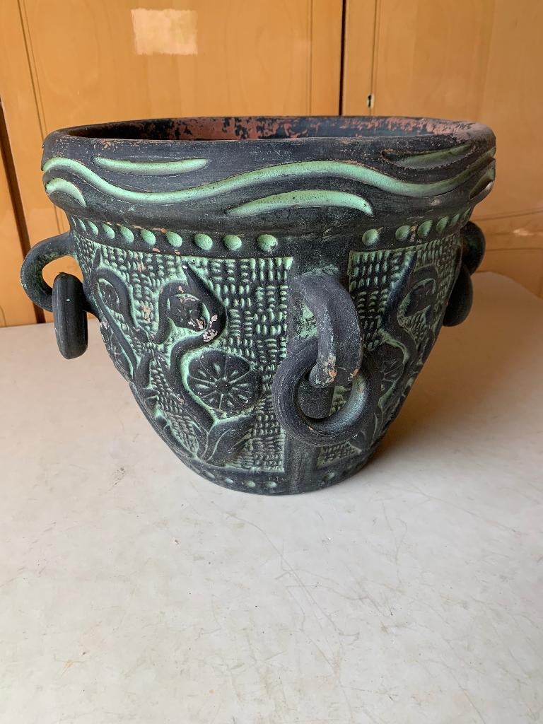 Terracotta bloempot sierpot met 4 oren met ringen handwerk, Ophalen, Rond, Balkon, Terracotta