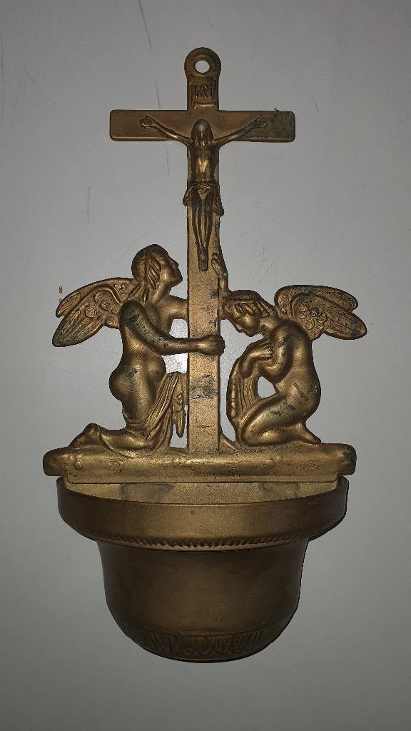 Antieke bronzen wijwaterbak met kruis en engelen (1880–1915), Antiek en Kunst, Antiek | Religie, Ophalen of Verzenden