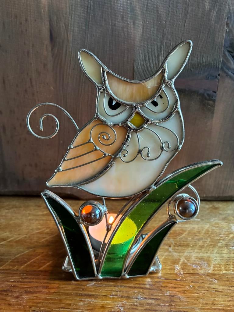 Decoratieve ‘Glas-in-Lood’ Uil Waxinelichthouder, Overige materialen, Wit, Ophalen of Verzenden, Zo goed als nieuw