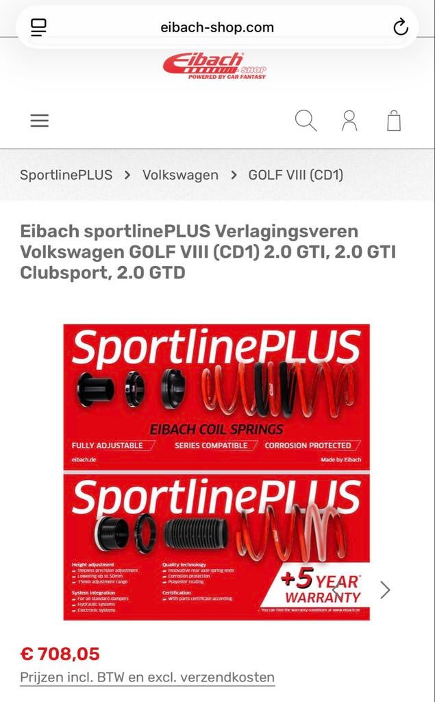 Eibach SportlinePLUS verlagingsveren, Auto-onderdelen, Ophanging en Onderstel, Ophalen, Gebruikt, Volkswagen