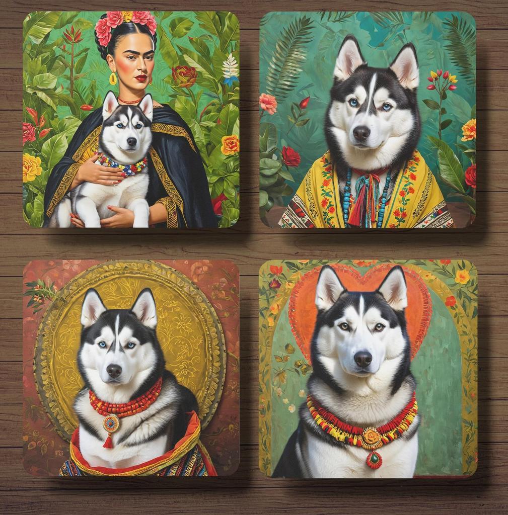 Husky Frida Kahlo onderzetters met houder, Huis en Inrichting, Ophalen of Verzenden, Nieuw, Glas of Kopje