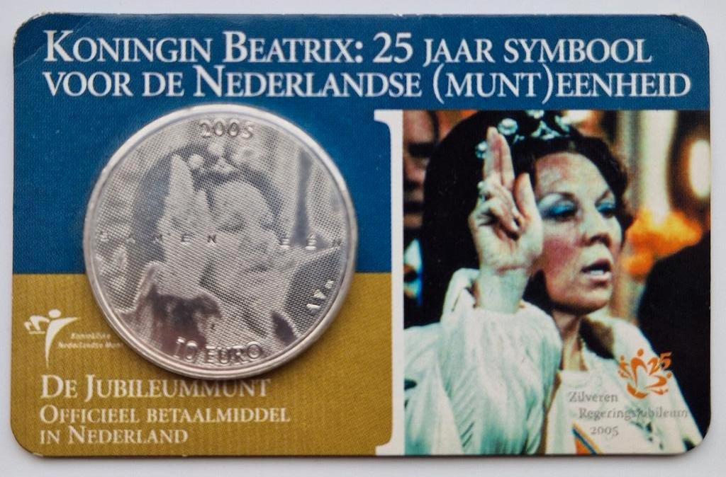 De Jubileummunt tientje 2005 in coincard, Koningin Beatrix, Zilver, Euro's, Ophalen of Verzenden