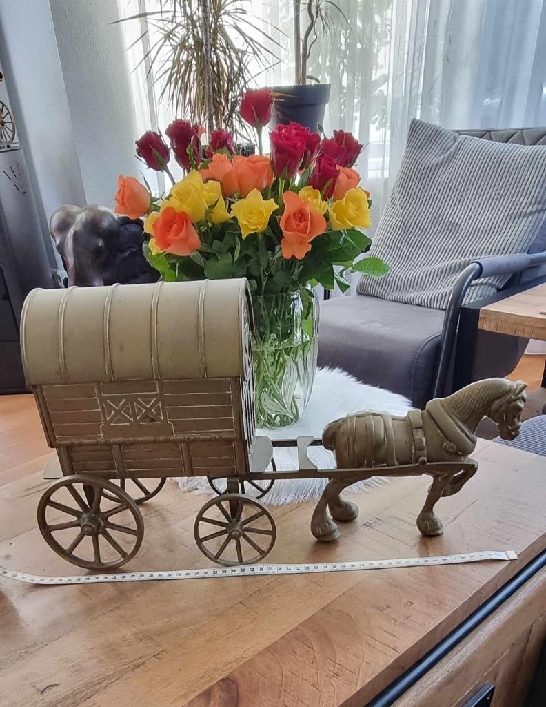 Bronzen - of- messing paard en wagen - vintage brons, Ophalen of Verzenden, Brons