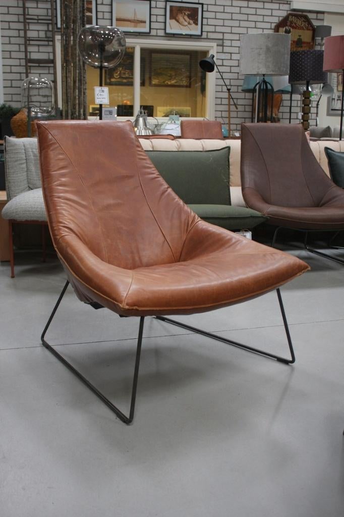 Gave fauteuil BEAL Jess design metaal leer bruin vintage, Ophalen, Gebruikt, 75 tot 100 cm, Leer
