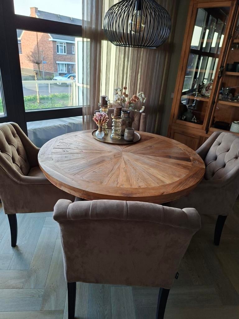 Eetkamerstoelen 4 stuks Dubbelman Design Beige/taupe, Ophalen, Zo goed als nieuw, Landelijk Gecapitonneerde stoelen, 4 tot 6 stoelen