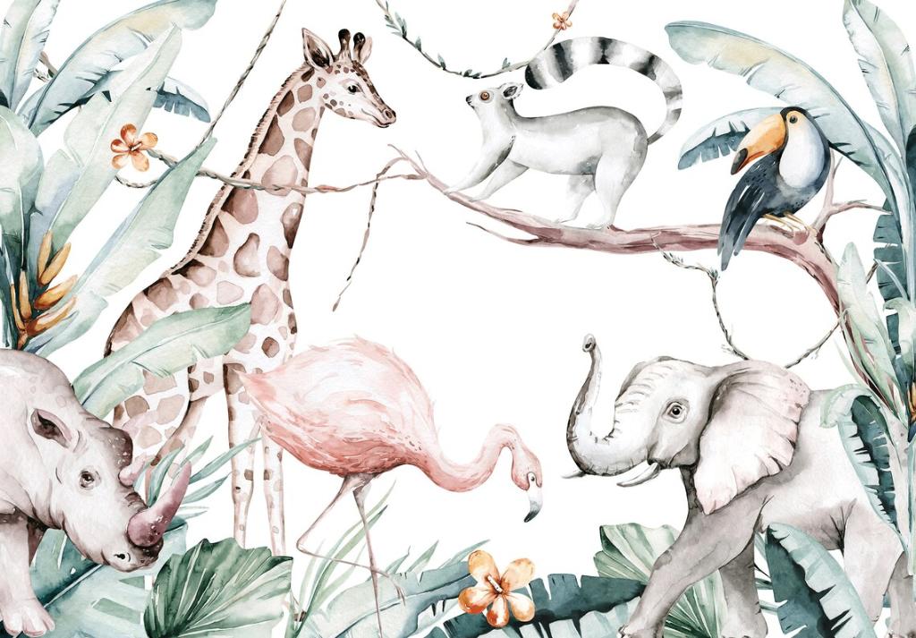 Aquarel jungle behang Paradise Animals | Muurdeco4kids, Verzenden, Minder dan 10 m², Kinderkamer, Junglekamer, jungledieren, aquarel