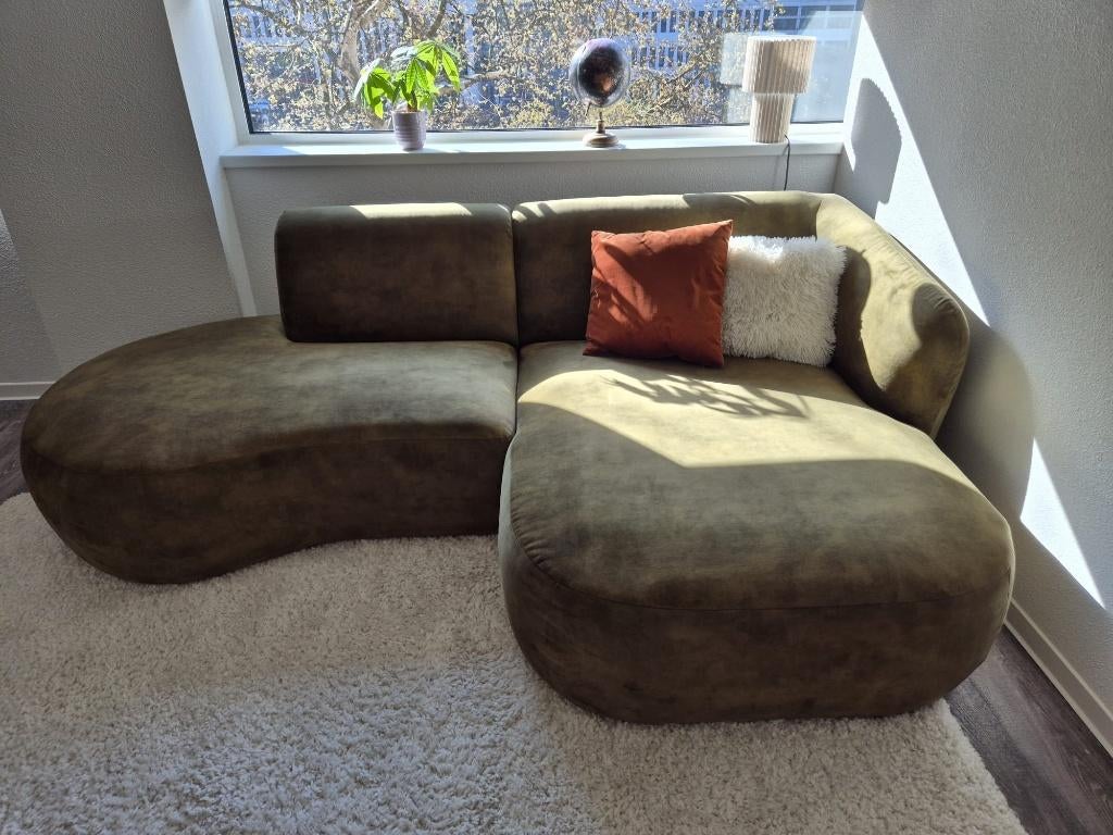 Hoekbank groen velvet, Ophalen, Hoekbank, Driepersoons, Zo goed als nieuw