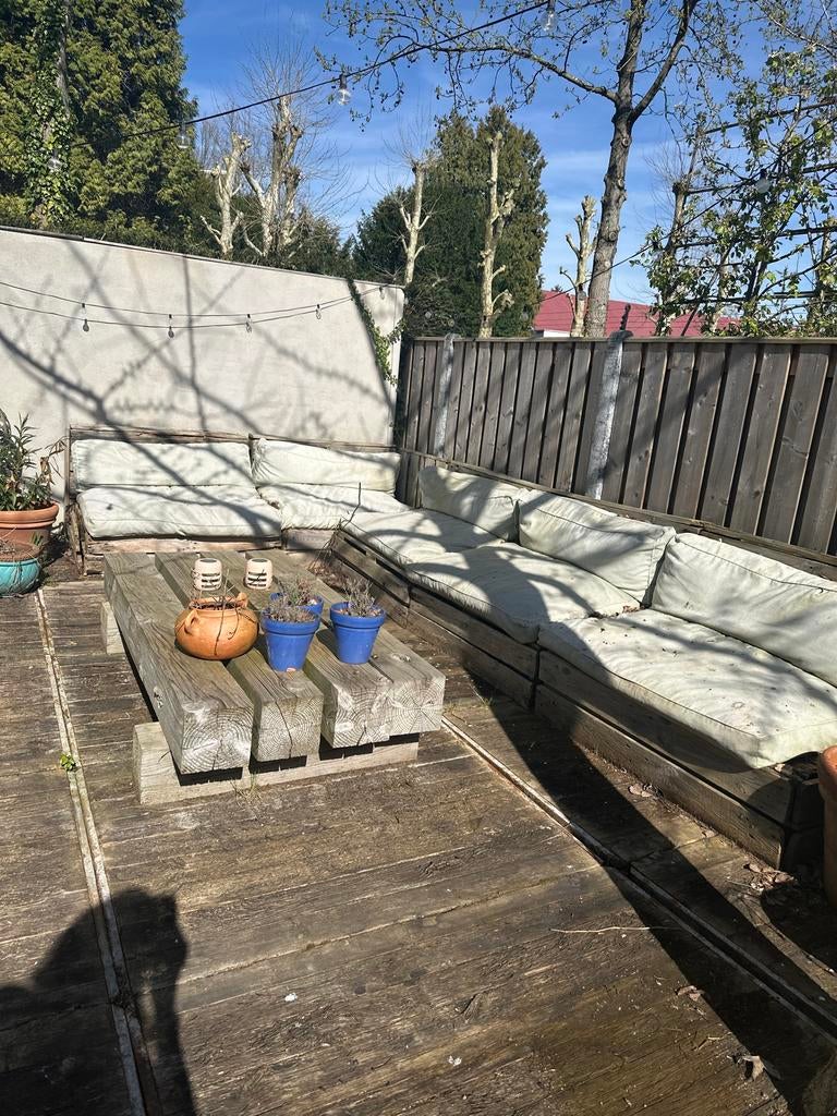 Palletbanken met kussens, Ophalen of Verzenden, Gebruikt, Hout