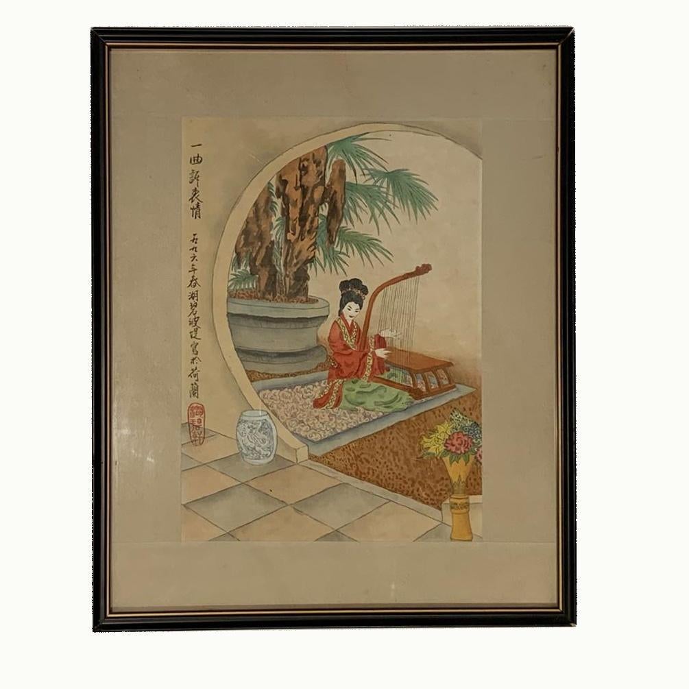 Schilderij met OOSTERSE print 42x34 cm. Japans vrouw harp, Ophalen of Verzenden