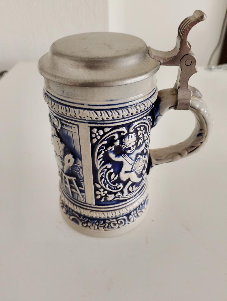 Vintage Gerz bierpul met tinnen deksel, Ophalen of Verzenden