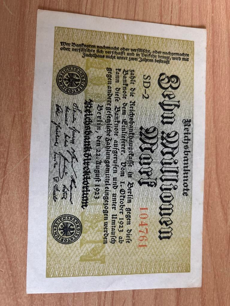Duitsland 10 Miljoen Mark biljet 1923, Postzegels en Munten, Bankbiljetten | Europa | Niet-Eurobiljetten, Ophalen of Verzenden