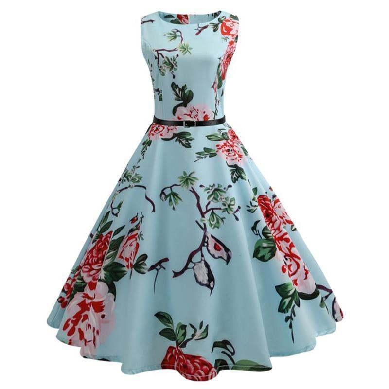 Vintage blauw bloemen jurkje (jurk retro dames vrouwen), Maat 38/40 (M), Nieuw, Knielengte, Verzenden