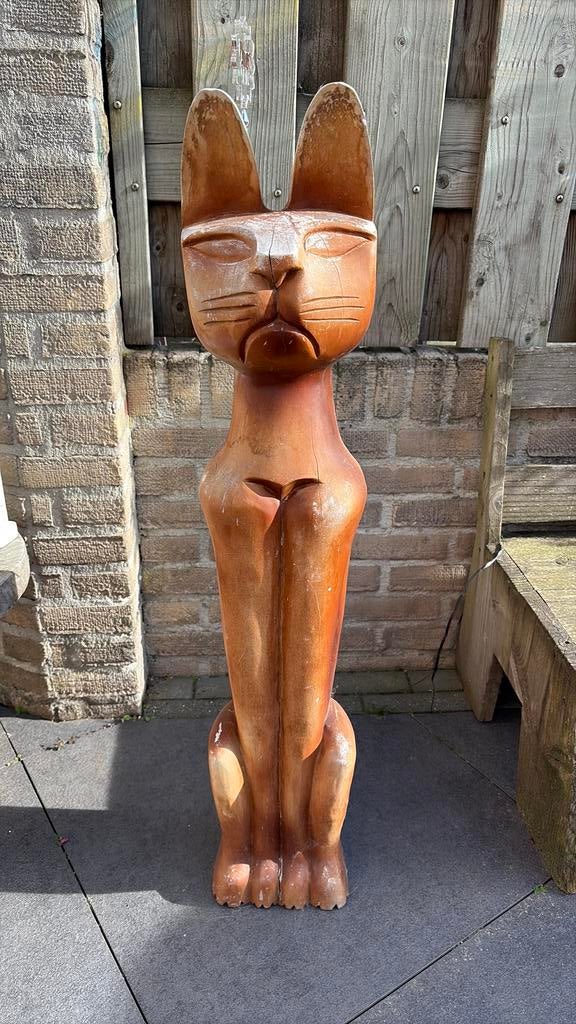 Groot houten katten beeld / vintage, Ophalen, Gebruikt, Dier
