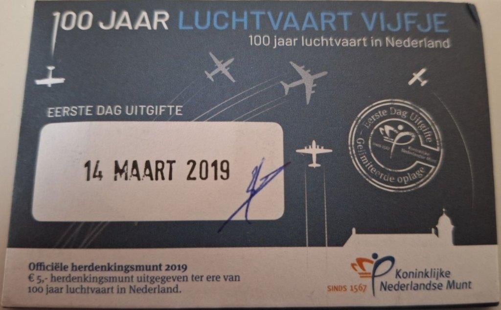 Coincard 2019 100 jaar Luchtvaart Vijfje - 1e Dag Uitgifte, Verzenden, Overige landen, 5 euro, Setje