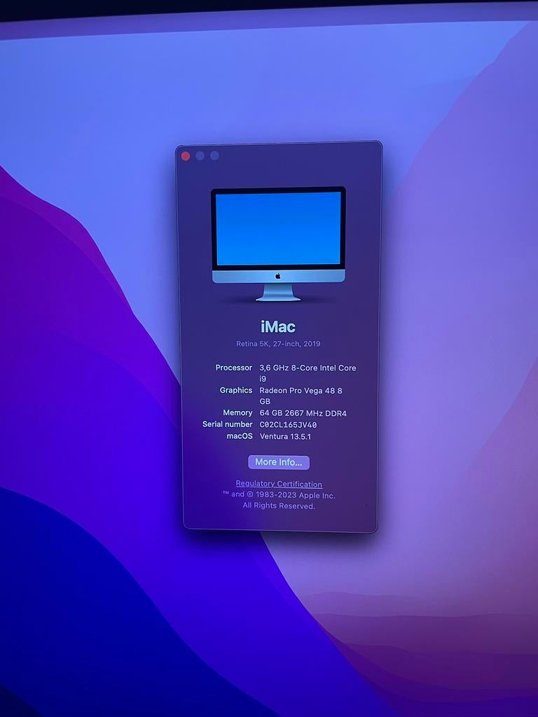 Imac 27 inch 5k corei9 ram64gb ssd512, Ophalen of Verzenden, Zo goed als nieuw, MacOS