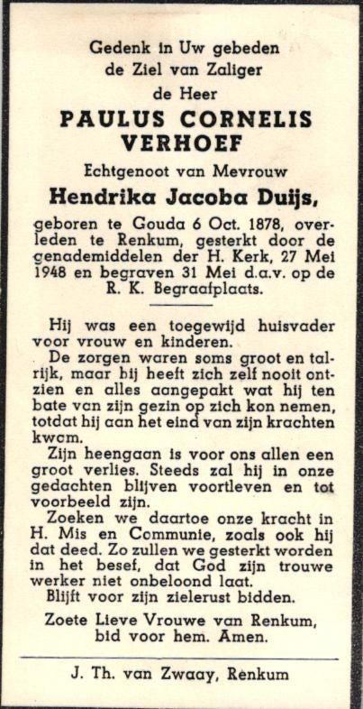 Verhoef Paulus Cornelis Gouda 1878-1948 Renkum, Ophalen of Verzenden