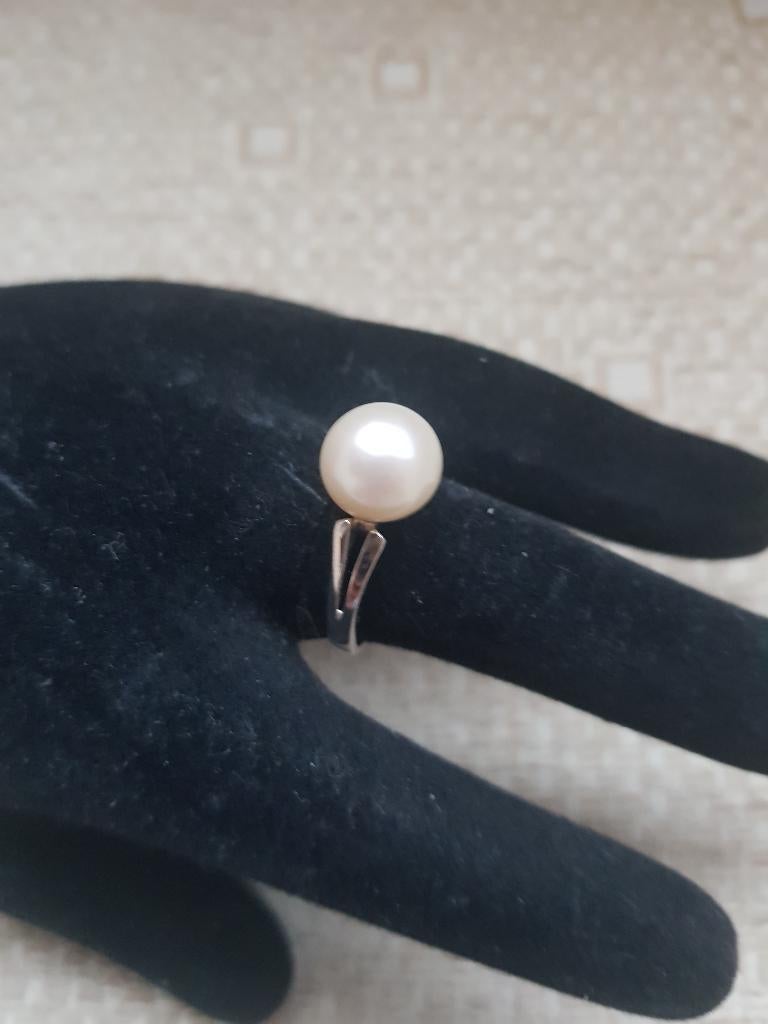 14 krt witgouden ring met 10mm witte cultivé parel, Wit, Nieuw, Ophalen of Verzenden, Kleiner dan 17