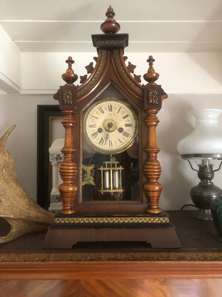 Zeldzame Amerikaanse tafelklok met slagwerk en wekker, Ophalen of Verzenden