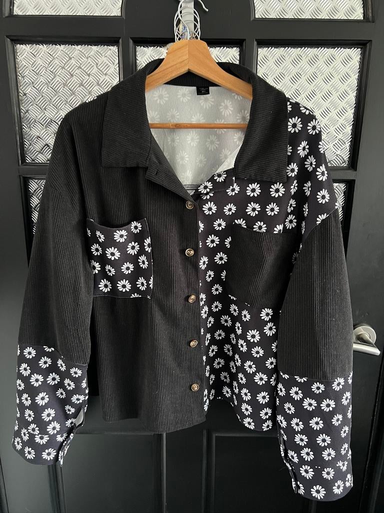 Zwart rib jasje met bloemetjes 3xl, Ophalen of Verzenden, Zo goed als nieuw, Zwart, Jasje of Colbert