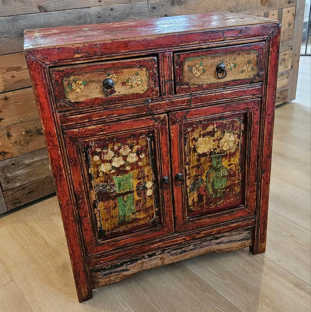 Antieke Chinese Kast - Rood met Handgeschilderde Details, Ophalen of Verzenden