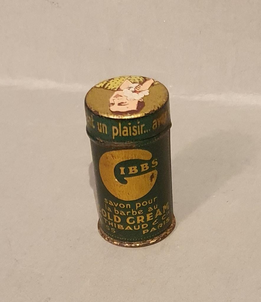 Antiek Gibbs Scheerzeep mini monster  blikje., Verzamelen, Blikken, Ophalen of Verzenden, Gebruikt, Overige