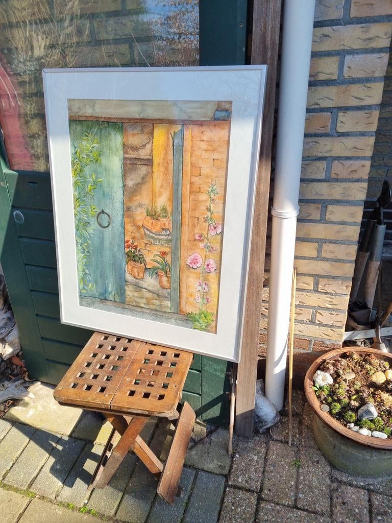 Sfeervol Schilderij: Mediterrane Poort met Bloemen, Antiek en Kunst, Kunst | Schilderijen | Klassiek, Ophalen of Verzenden