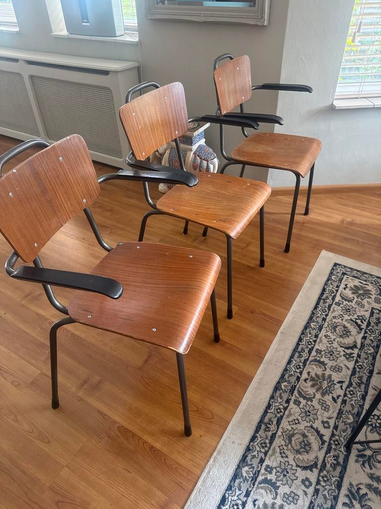 Set van 3 vintage Gispen stoelen met armleuningen, Ophalen, Gebruikt, Hout, Drie