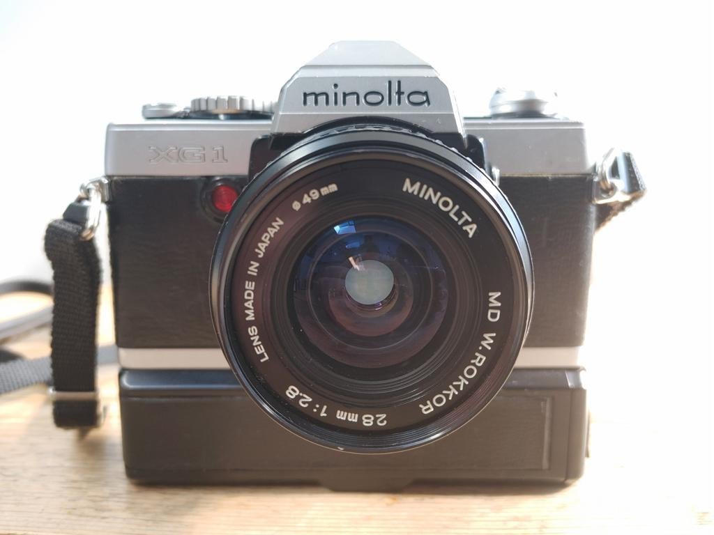 Minolta XG1 met auto rewinder en Rokkor 28mm 2:8, Ophalen of Verzenden, Gebruikt, Spiegelreflex, Minolta