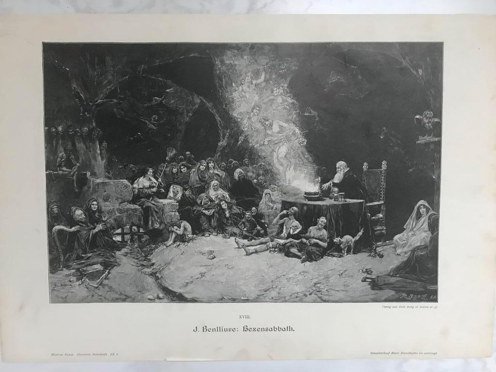 J. Benlliure: Hexensabbath, or. gravure 1890, afm. 31x20,5cm, Ophalen of Verzenden