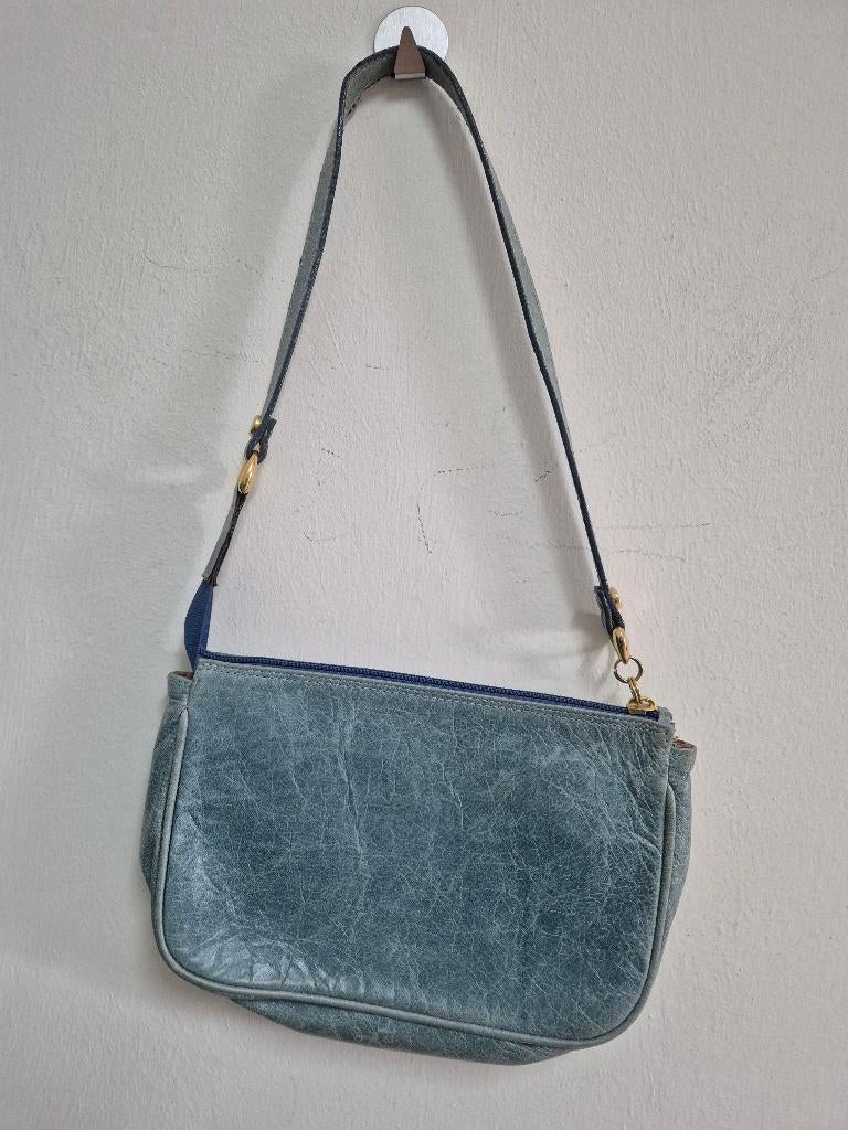 Tas38 - Klein blauw leren schoudertasje (1), Ophalen of Verzenden, Gebruikt, Blauw, Schoudertasje