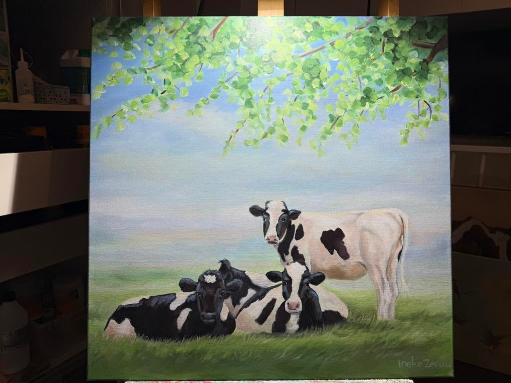 Koeien in de wei, schilderij acrylverf op doek, Oorspronkelijke maker, Nieuw, Ophalen of Verzenden, Schilderij